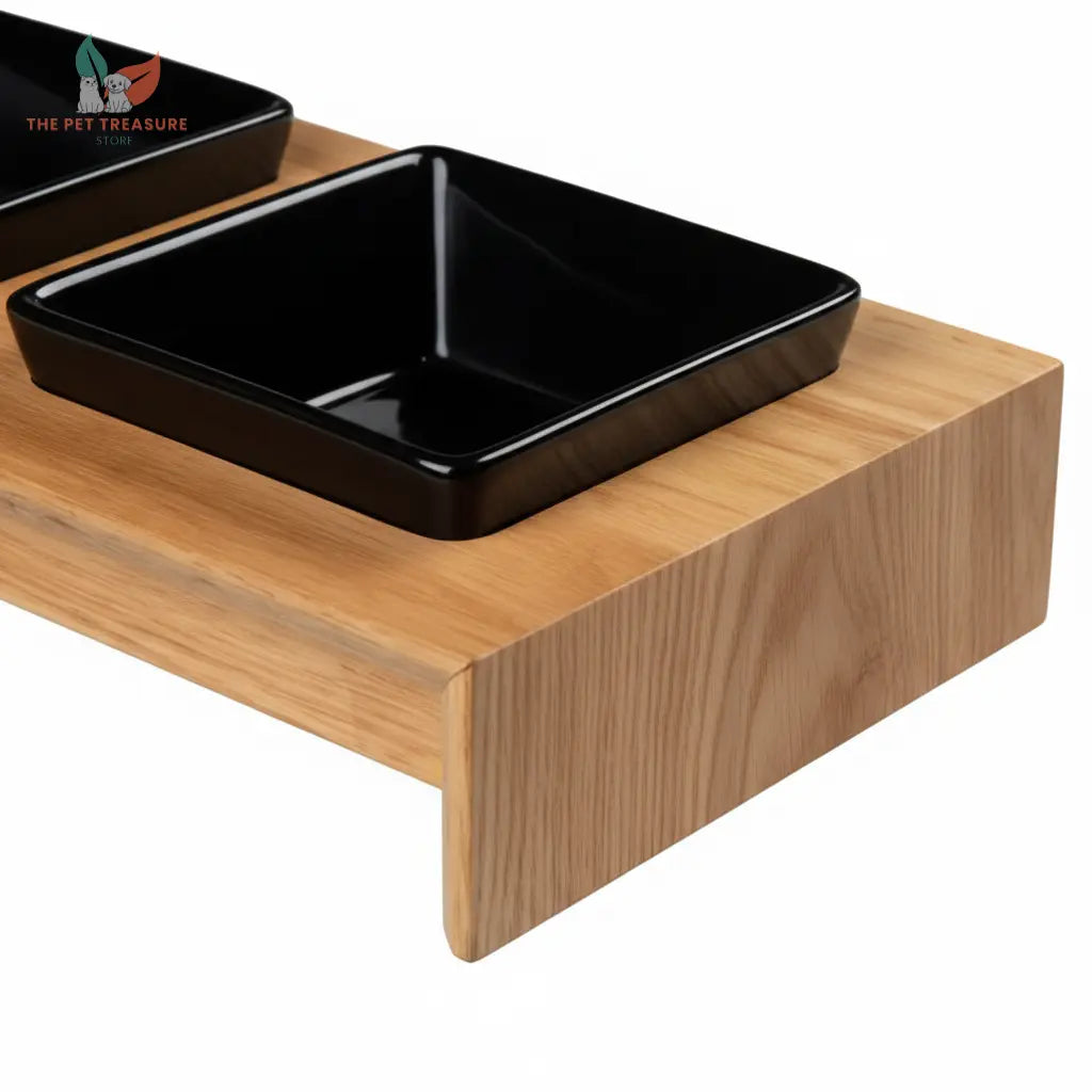 dettglio della ciotola in ceramica nero su sipporto in legno trixie. the pet treausure store.