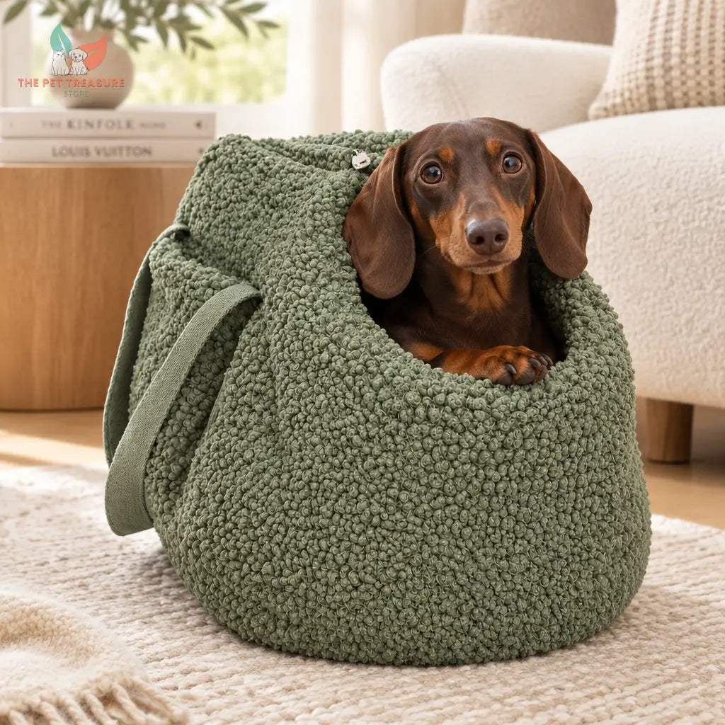 Cane di piccola taglia comodamente seduto nel trasportino Doudou olive. The Pet Treasure Store.