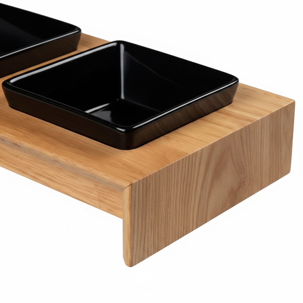 dettglio della ciotola in ceramica nero su sipporto in legno trixie. the pet treausure store.