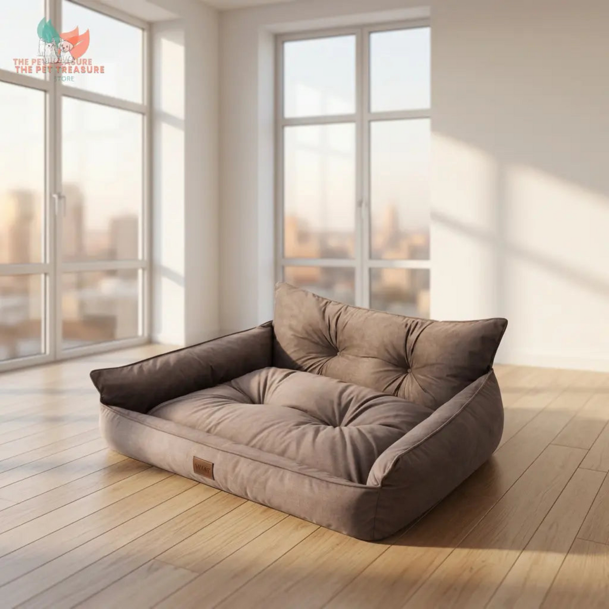 Cuccia Hano marrone dal design elegante in un soggiorno moderno. The Pet Treasure Store.
