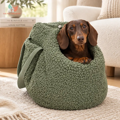 Cane di piccola taglia comodamente seduto nel trasportino Doudou olive. The Pet Treasure Store.